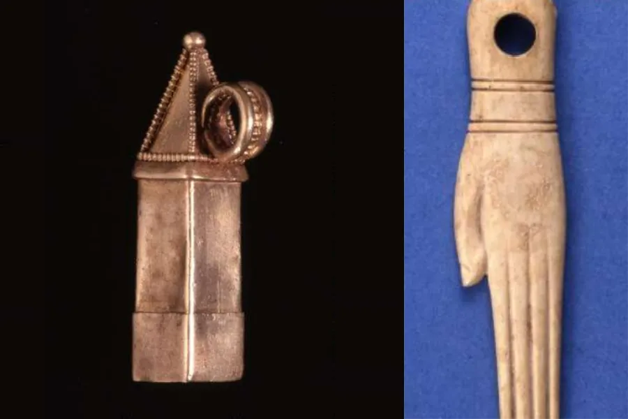 An amulet case and amulet from Tharros now at the British Museum.